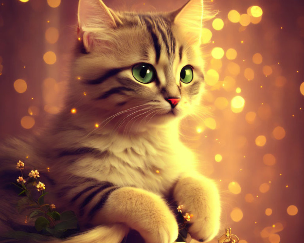 Tabby Cat with Green Eyes Beside Yellow Flowers and Bokeh Lights