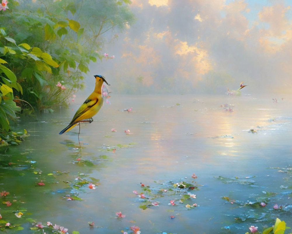 Colorful bird on twig over misty pond with flowers and foliage under hazy sky