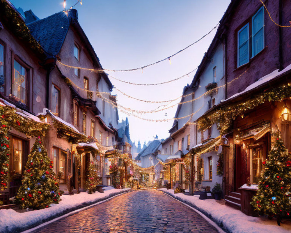 Snow-dusted cobblestone street with Christmas decorations and lights