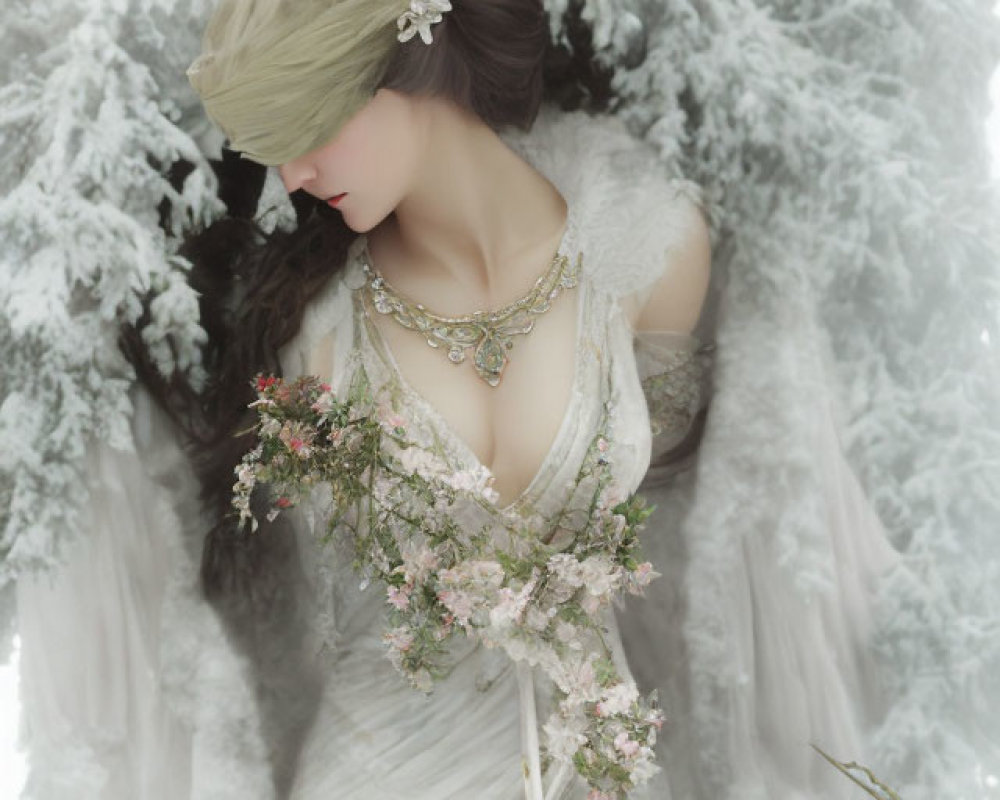 Woman in white dress with flowers in serene snowy setting