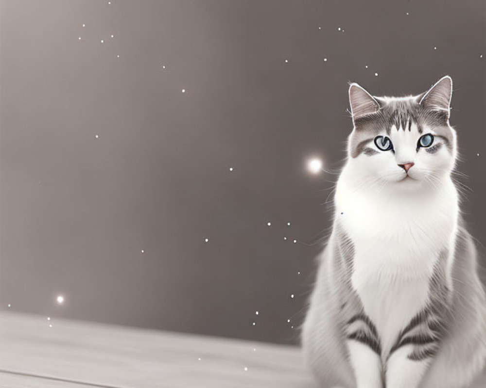 Grey and White Cat with Blue Eyes on Wooden Surface Against Grey Background