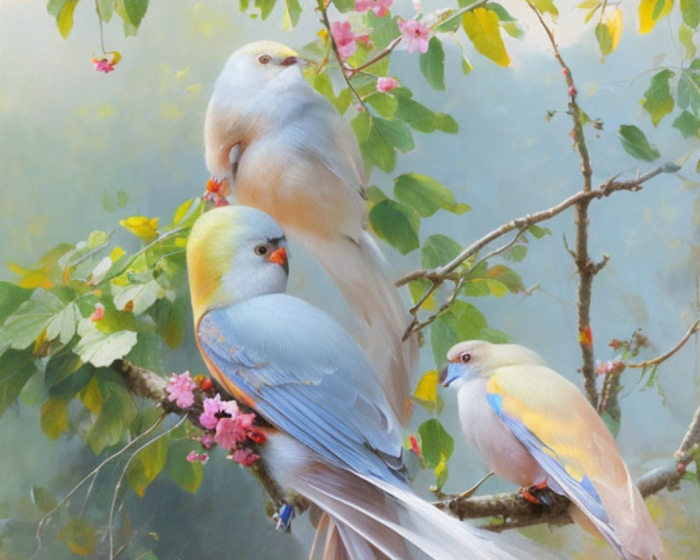 Vibrant parakeets on blooming branch with blurred backdrop