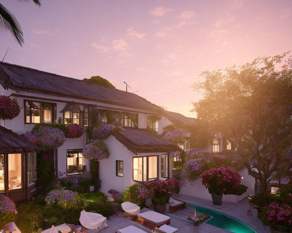 Tropical Resort Sunset Scene with Pool and Purple Flowers