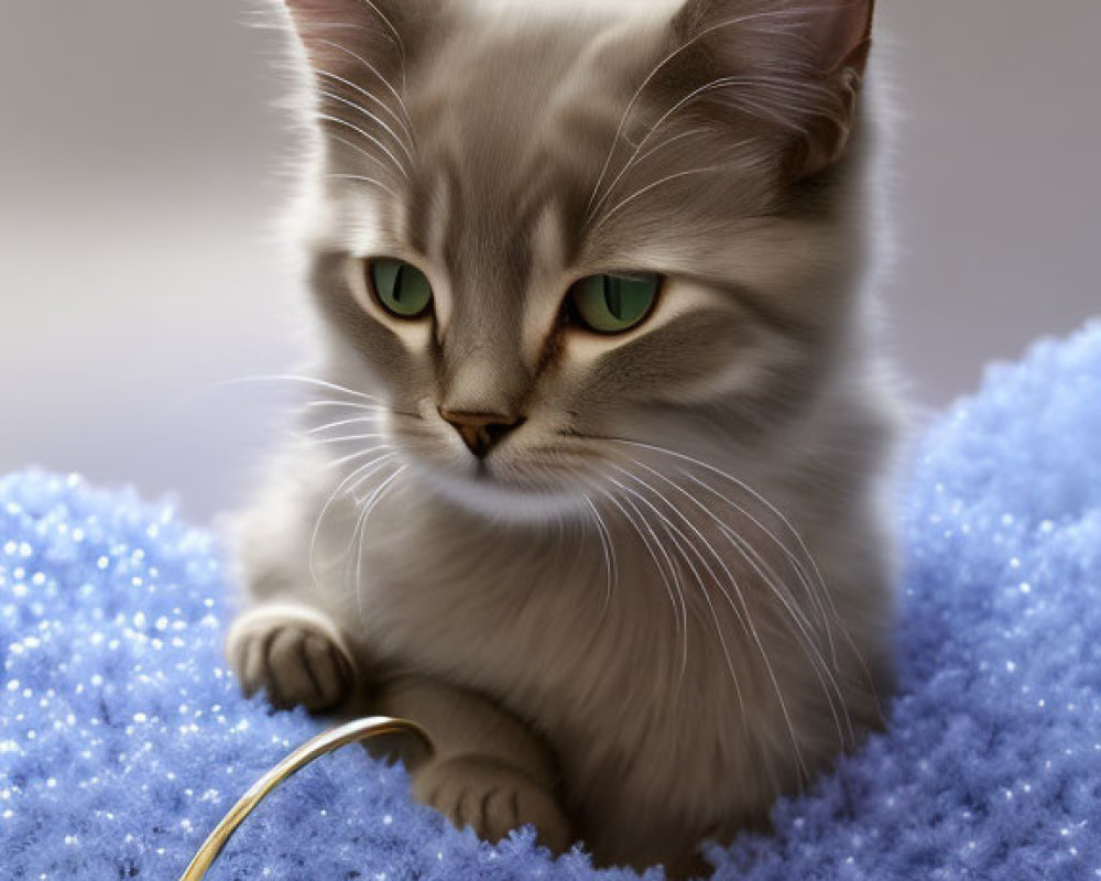 Fluffy white cat with green eyes on blue textured surface with golden object