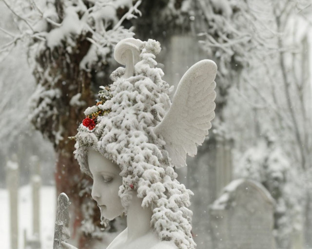 Snow-covered angel statue with floral crown in wintry cemetery