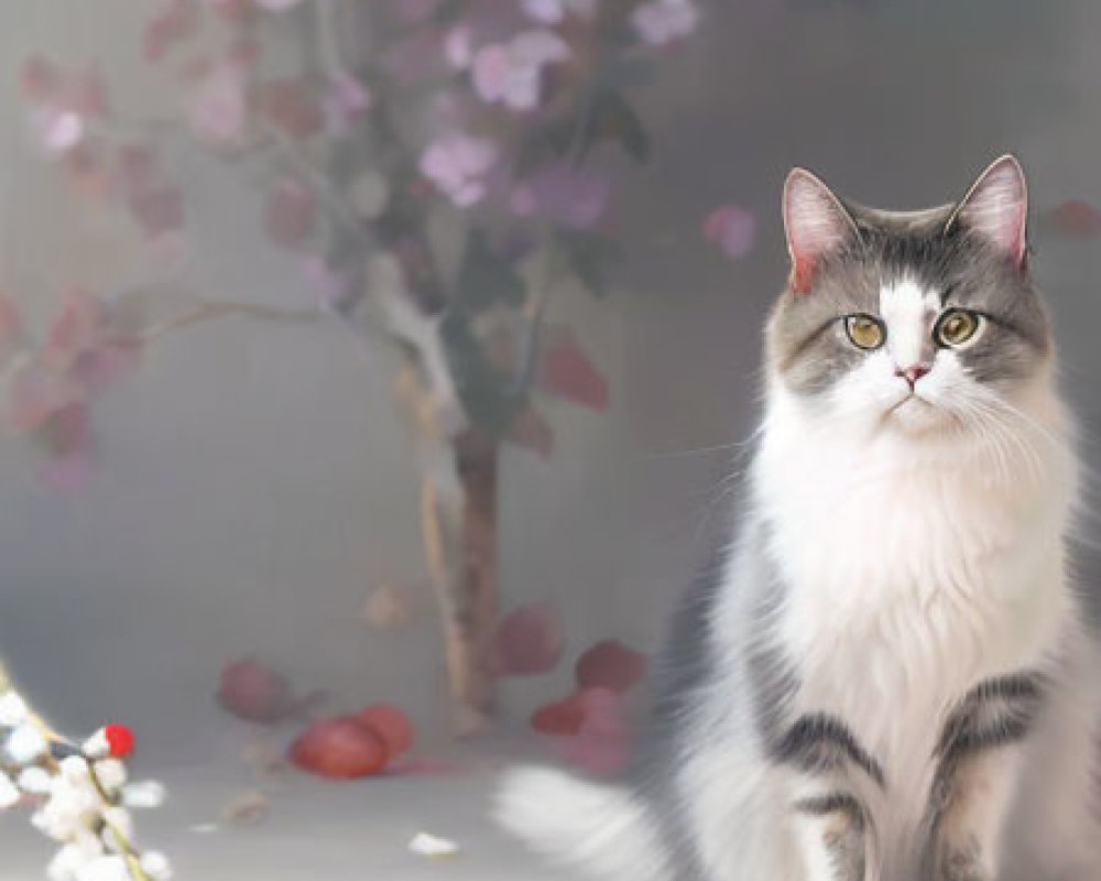 Fluffy Cat with Unique Facial Markings Surrounded by Flowers and Berries