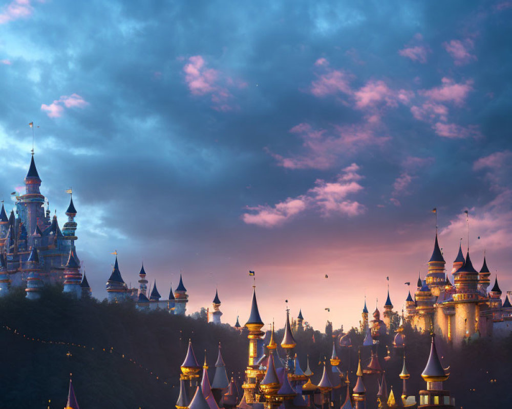 Enchanting Castle with Illuminated Spires at Twilight