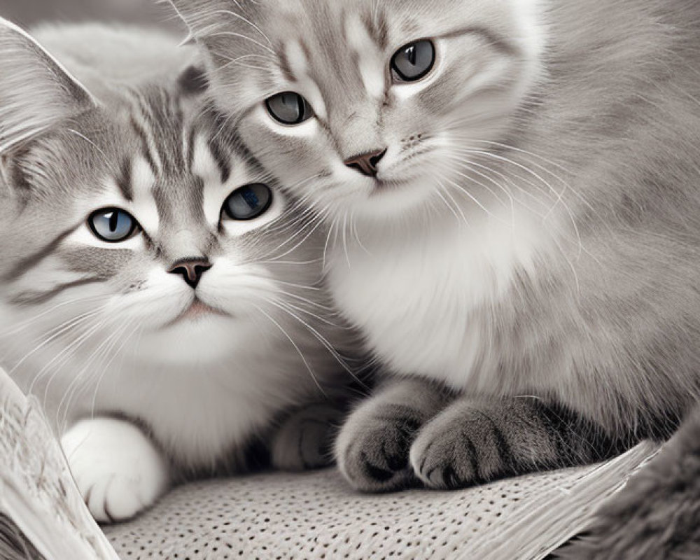 Fluffy cats with blue eyes cuddling on open book