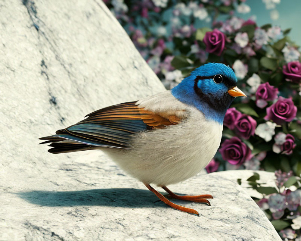 Colorful Bird with Blue Head, Orange Wings, White Body, and Pink Roses on Rock