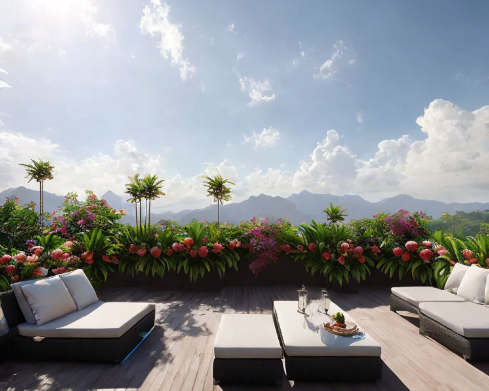 Modern sun loungers on tranquil rooftop patio with lush plants, scenic mountain view