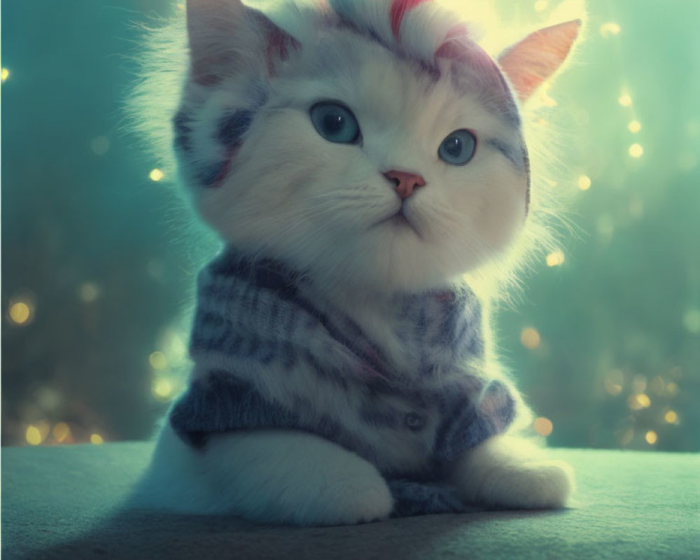 White Kitten in Striped Scarf Among Twinkling Lights