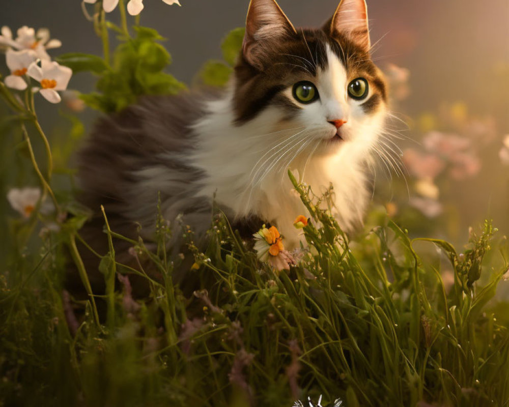 Bicolor Cat Surrounded by Flowers and Greenery