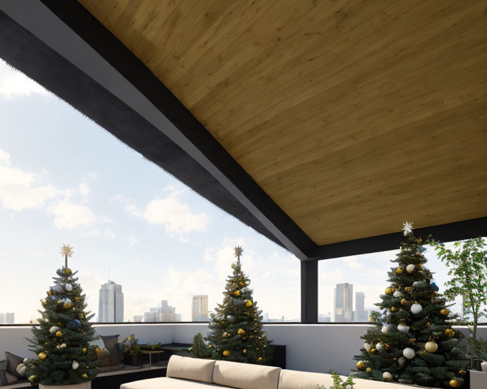 Contemporary terrace with wooden ceiling, beige sofa, coffee table, and Christmas trees overlooking city skyline