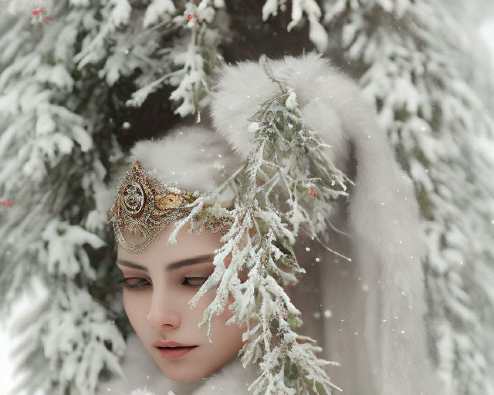 Person in White Fur Coat and Decorative Headpiece Standing Under Snow-Covered Pine Tree