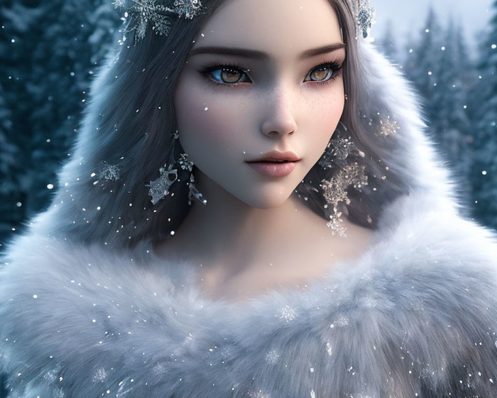 Digital artwork featuring woman with pale skin, dark hair, yellow eyes, crystal tiara, snowy backdrop