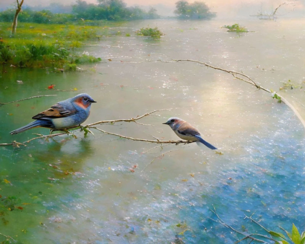 Birds perched on branch above tranquil pond in lush landscape