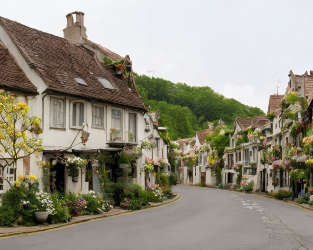 Traditional houses on quaint village street with colorful flowers under overcast sky