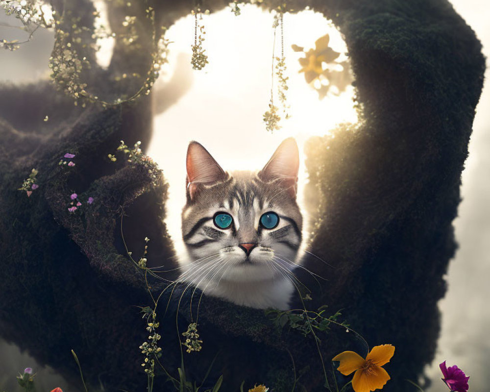 Blue-eyed cat peeking through heart-shaped hole in mossy tree amidst wildflowers