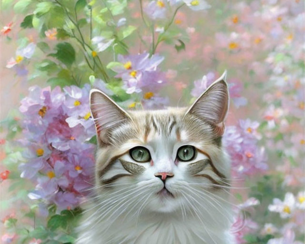 Fluffy Cat with Green Eyes in Colorful Flower Garden