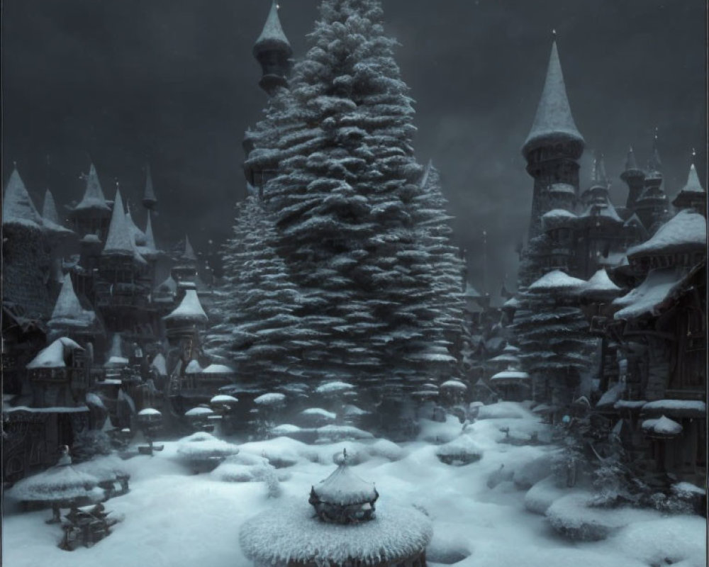 Snowy scene with large fir tree, traditional buildings, and spires under twilight sky