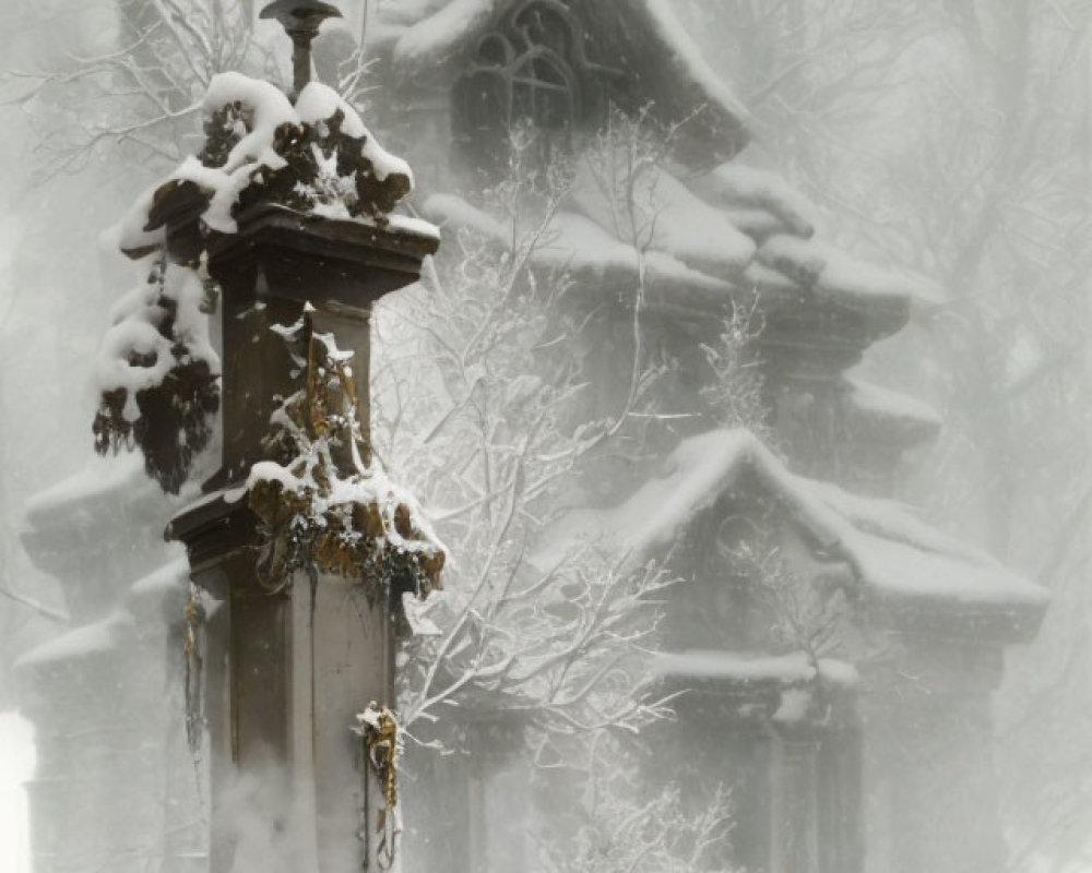 Snow-covered chapel with lantern and cross in wintry scene