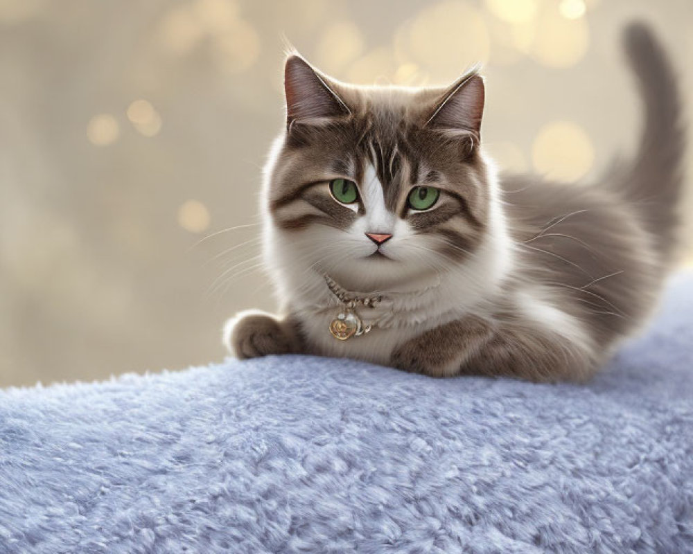 Tabby Cat with Green Eyes on Blue Fluffy Surface with Bokeh Lights