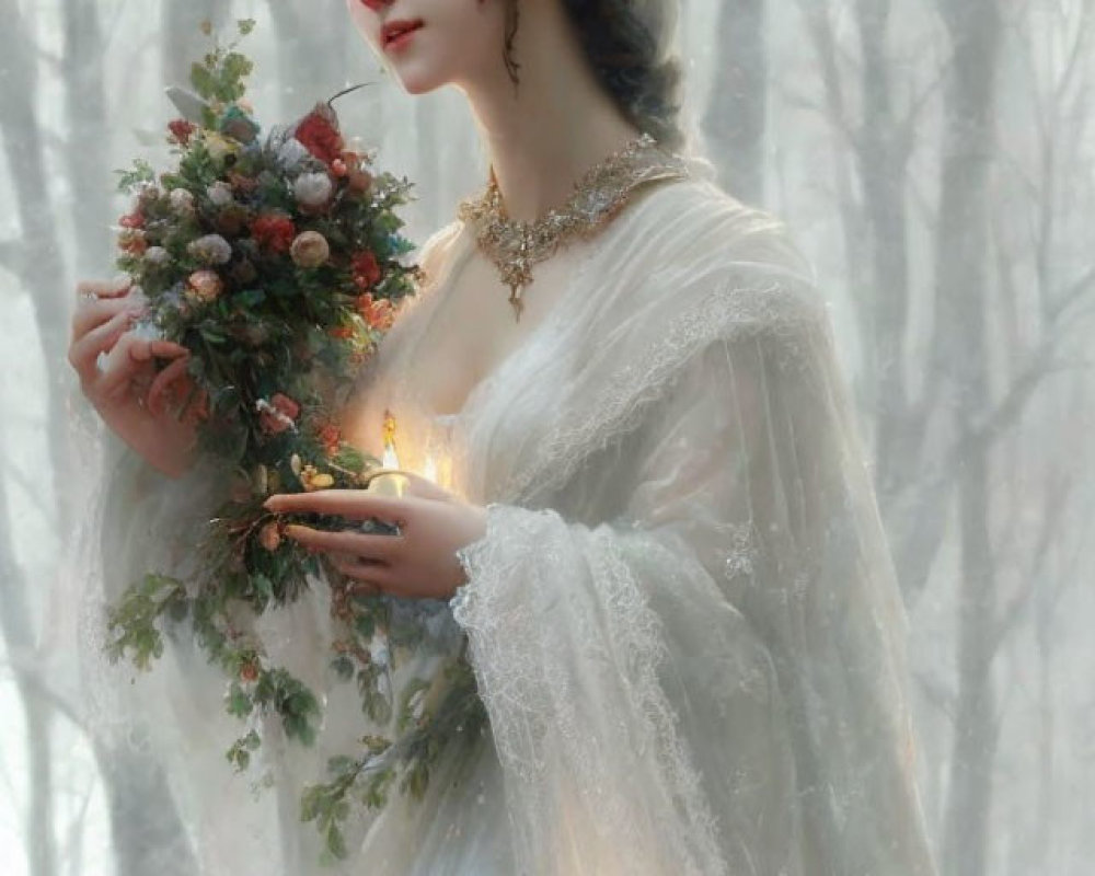 Elegant woman in white attire holding bouquet and candle in misty forest