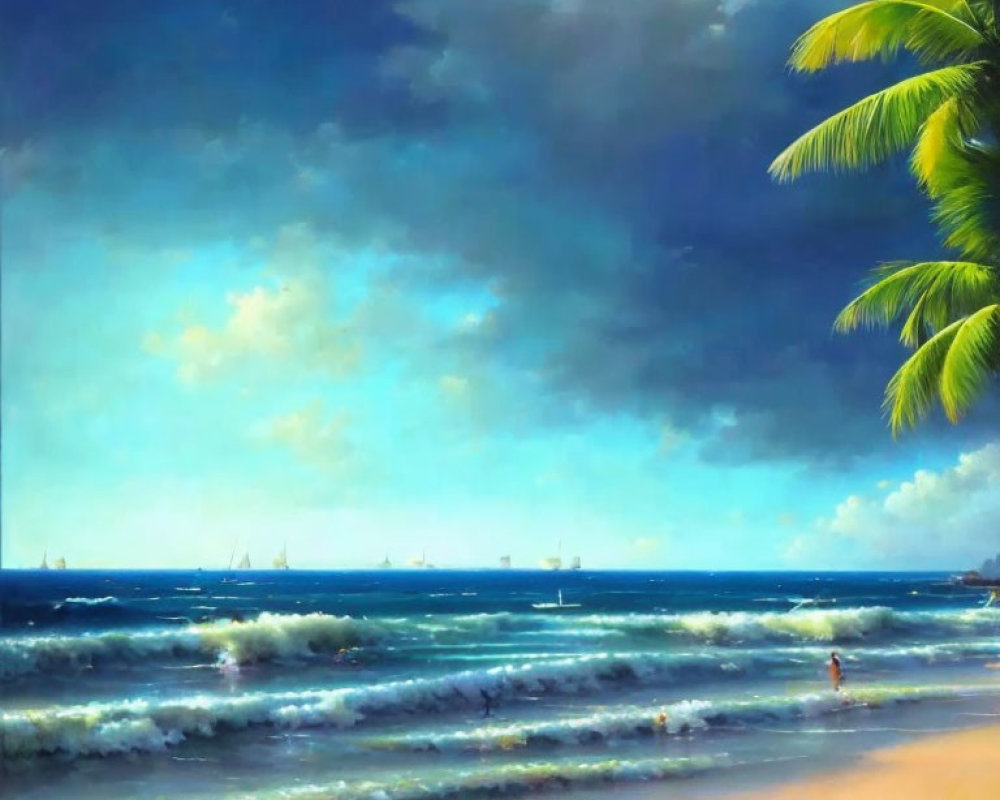 Tropical beach painting with palm trees, sailboats, child, and cloudy sky