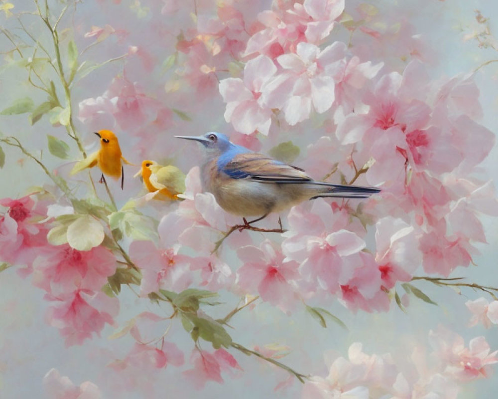 Three colorful birds surrounded by pink blossoms on a blue background