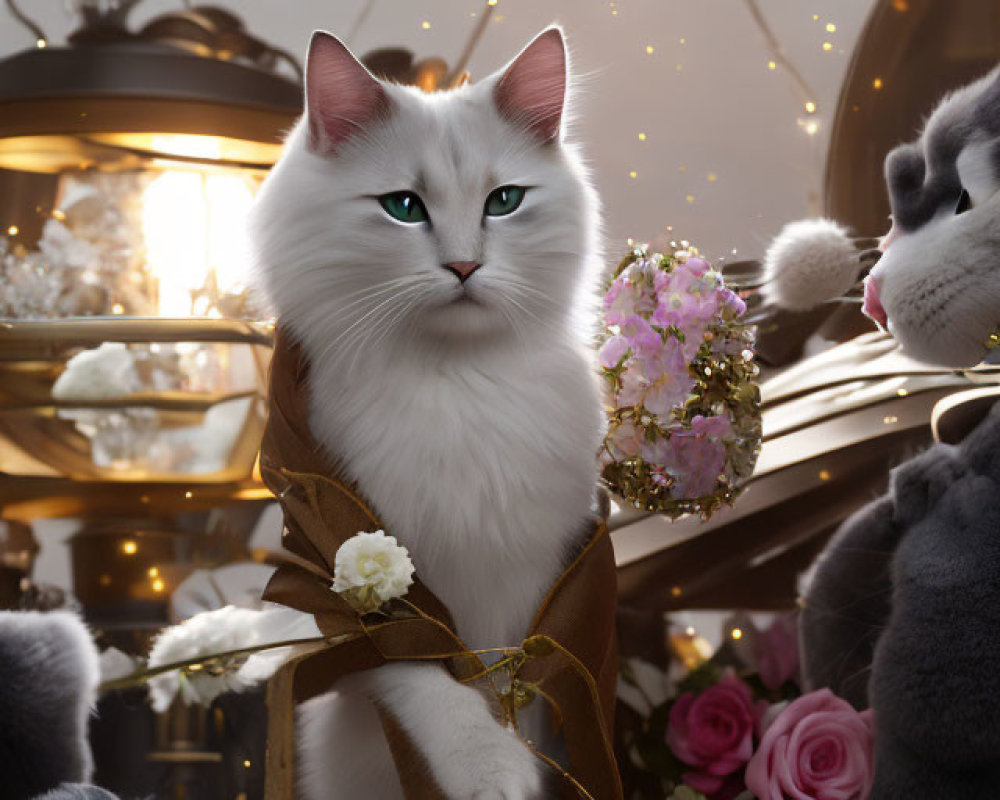 White Cat with Golden Ribbon and Hydrangea Surrounded by Cats and Flowers