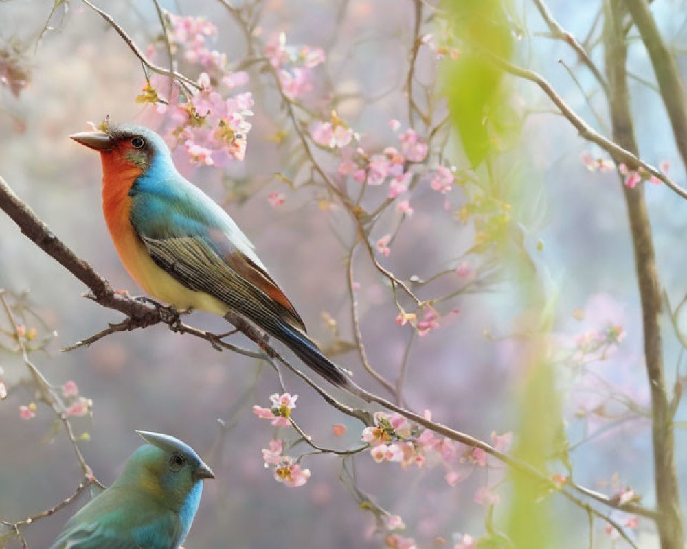 Colorful birds on blooming branch with pink flowers and soft-focus backdrop