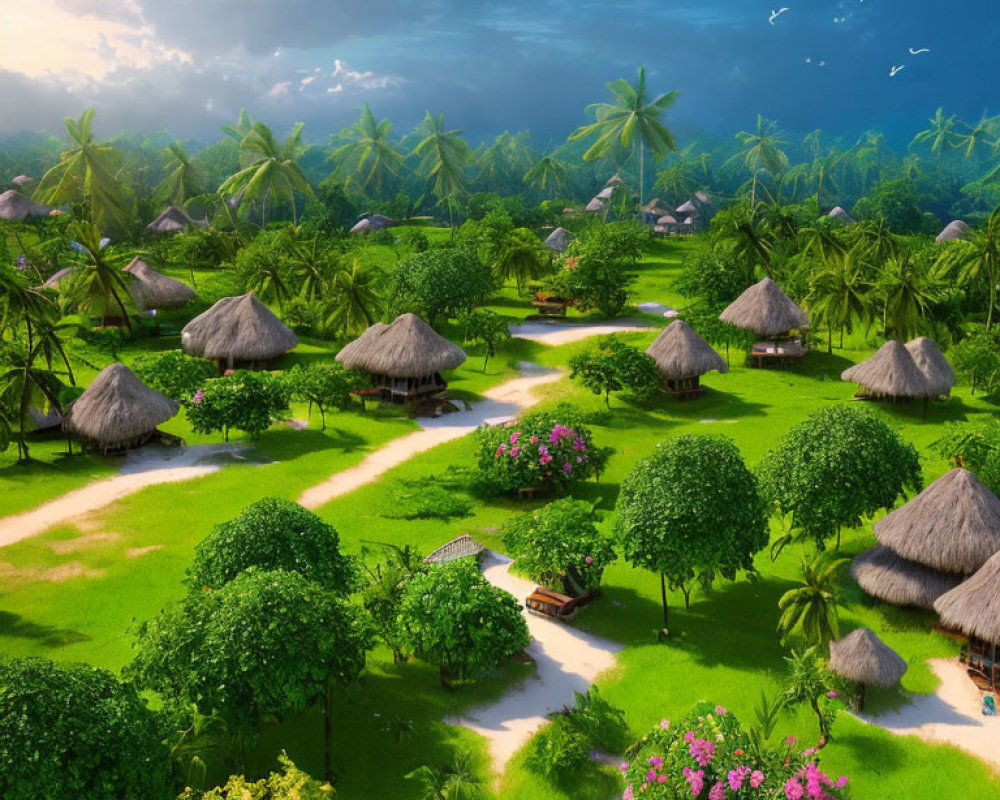 Tranquil tropical village with thatched huts, lush greenery, winding river, and blo