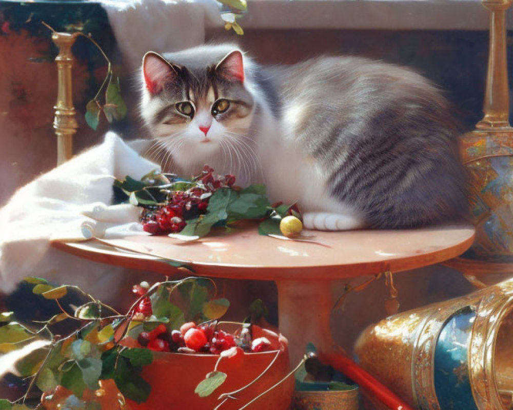 Grey and white cat sitting elegantly among fruit and porcelain on a table