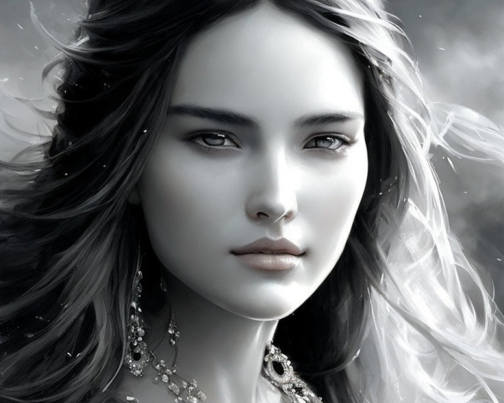 Monochromatic digital portrait of young woman with flowing hair and elegant jewelry