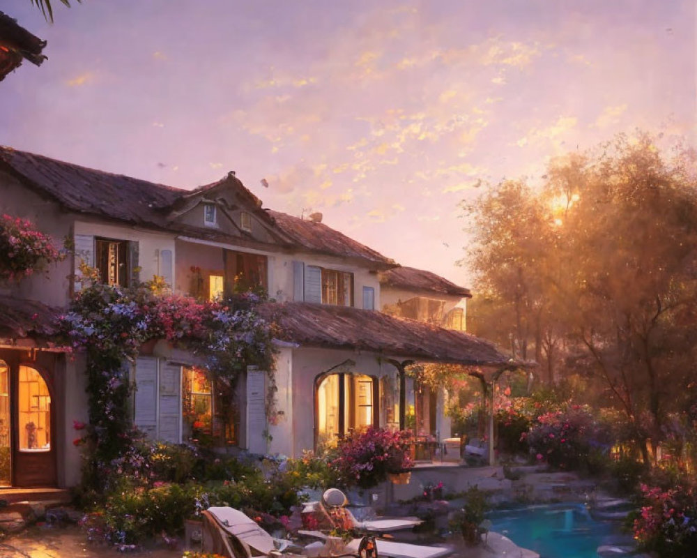 Tranquil sunset scene at a lush garden villa