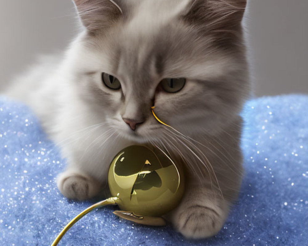 Fluffy White Cat with Bell Toy on Blue Textured Surface