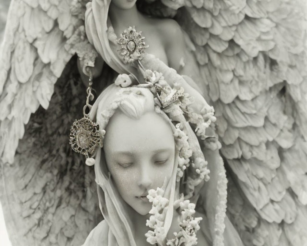 Detailed sculpture of serene female figures with angelic wings and ornate adornments