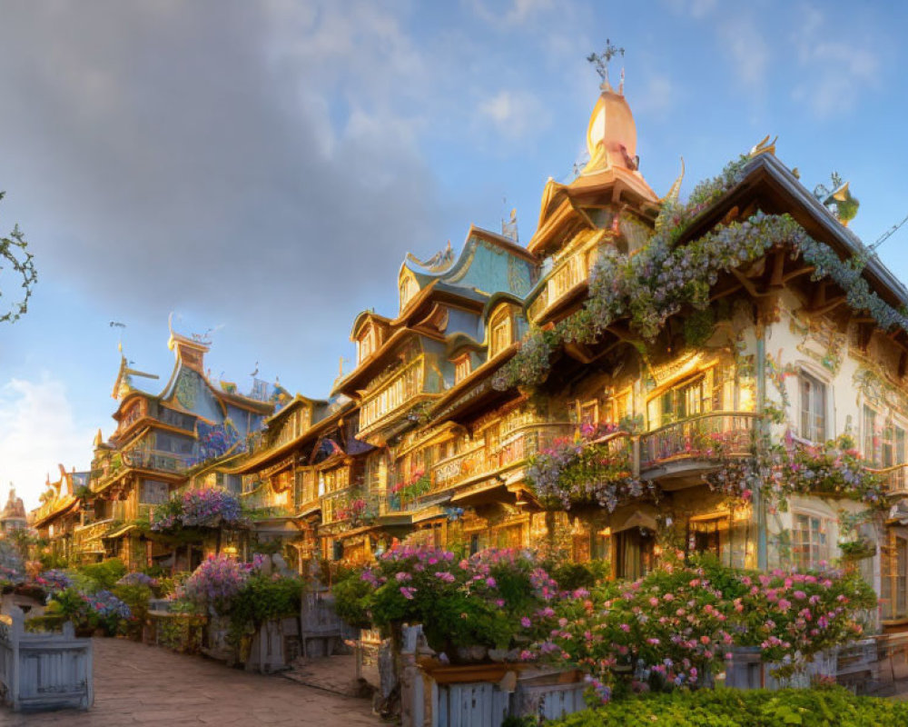 Decorative multi-storied buildings with blooming flower balconies under a sunny sky