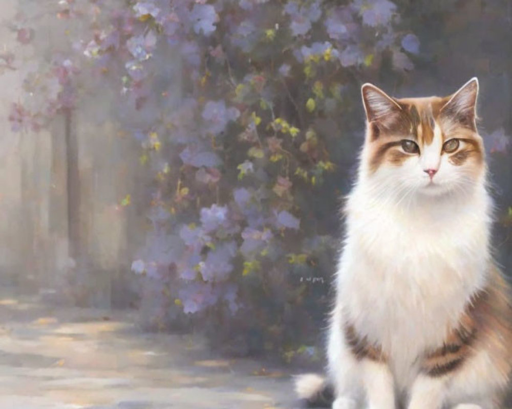 Calico Cat Sitting on Stone Path with Purple Flowers in Background