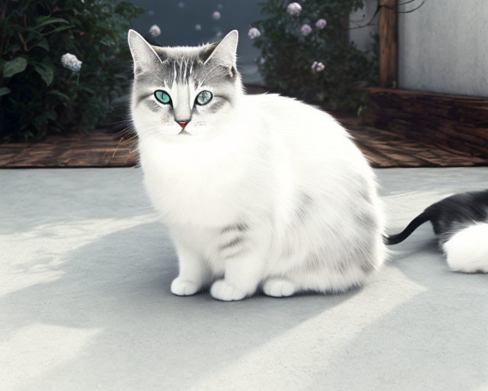 White and Grey Cat with Blue Eyes on Concrete Surface with Plants and Floating Bubble