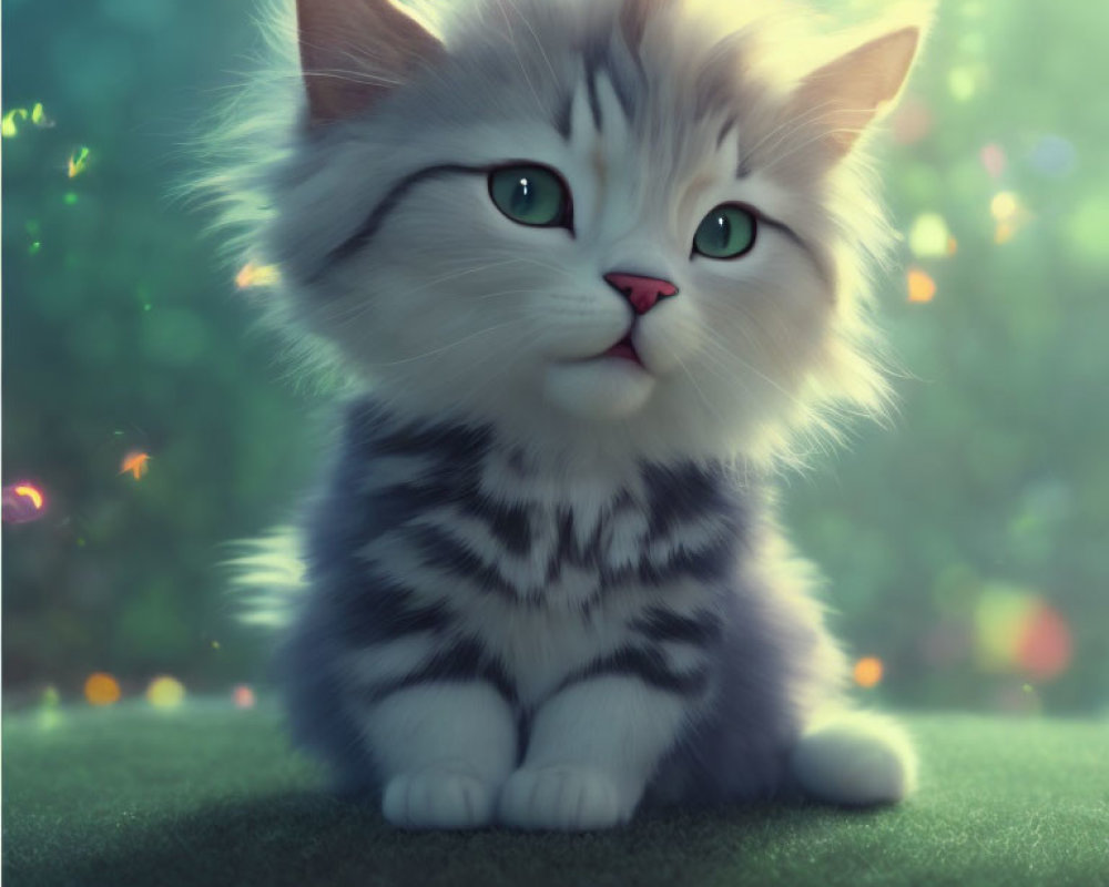 Fluffy striped kitten with green eyes in warm bokeh lights