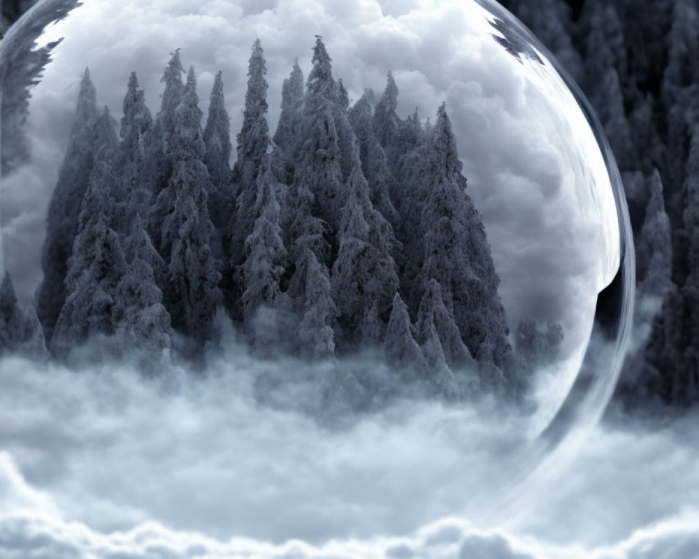 Monochrome image of snow-covered pine forest in reflective bubble