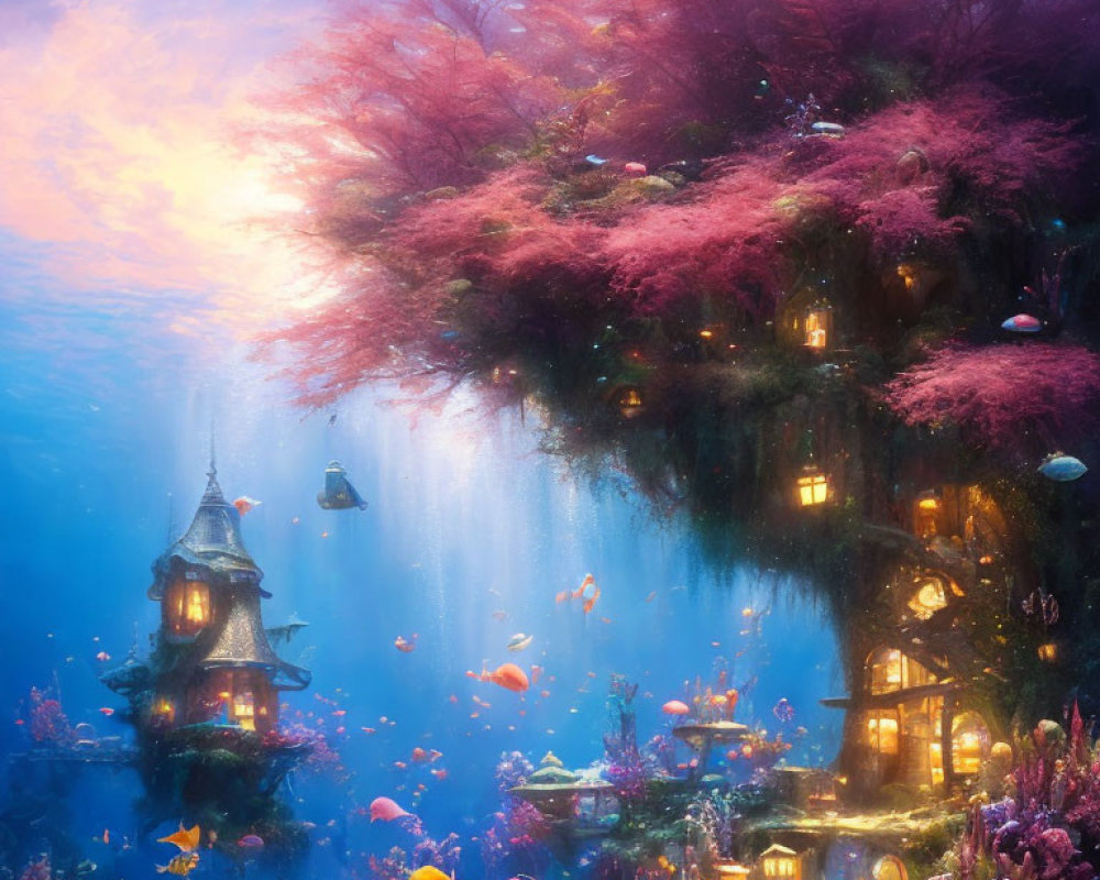 Colorful Underwater Scene with Lantern-Adorned Tree Amidst Marine Life