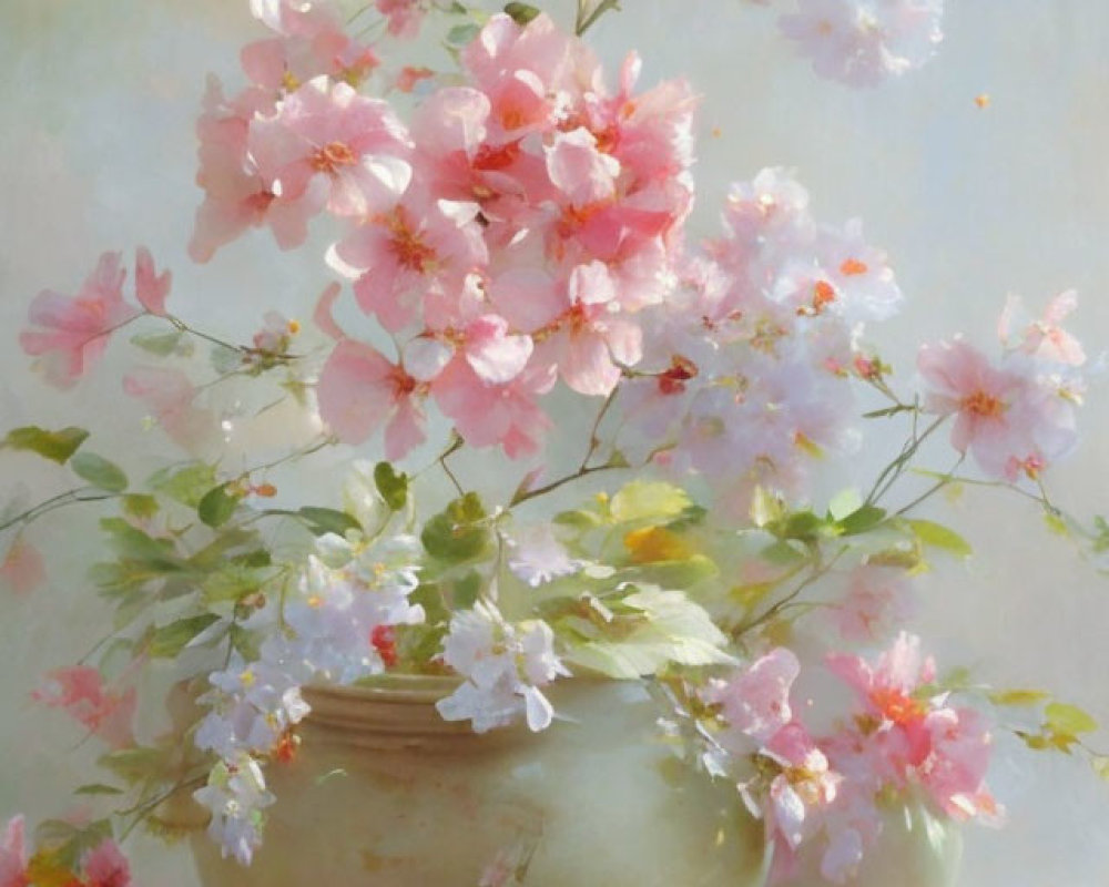 Delicate pink cherry blossoms in a cream vase on a light background