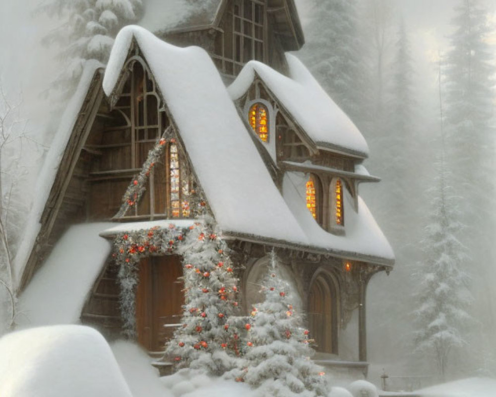 Snow-covered cabin with Christmas decorations in serene winter scene