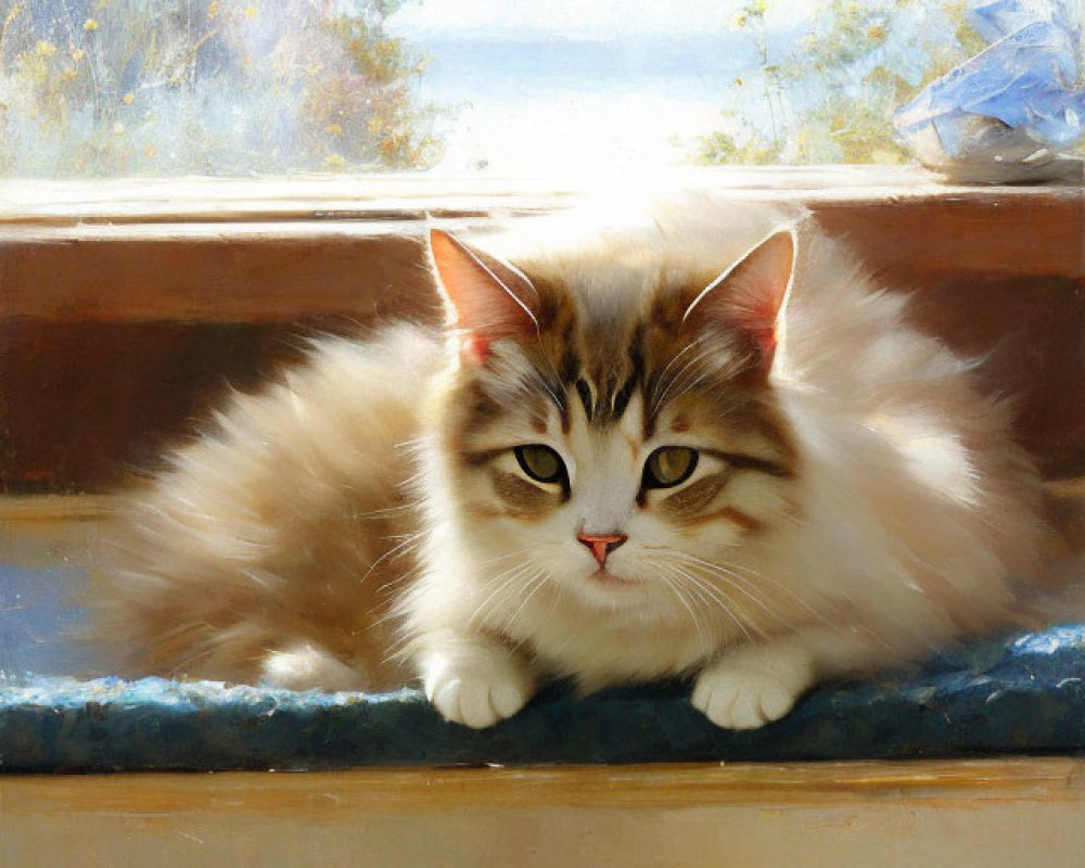 Fluffy cat relaxing on windowsill with lakeside view