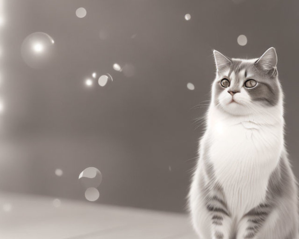 Gray and White Cat Sitting on Wooden Floor in Sepia-Toned Room