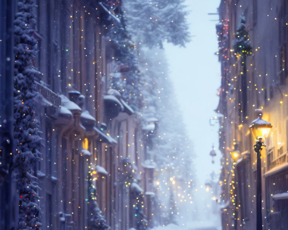 Snowy Evening Scene: Quiet City Street with Festive Lights, Snow-Covered Trees, and