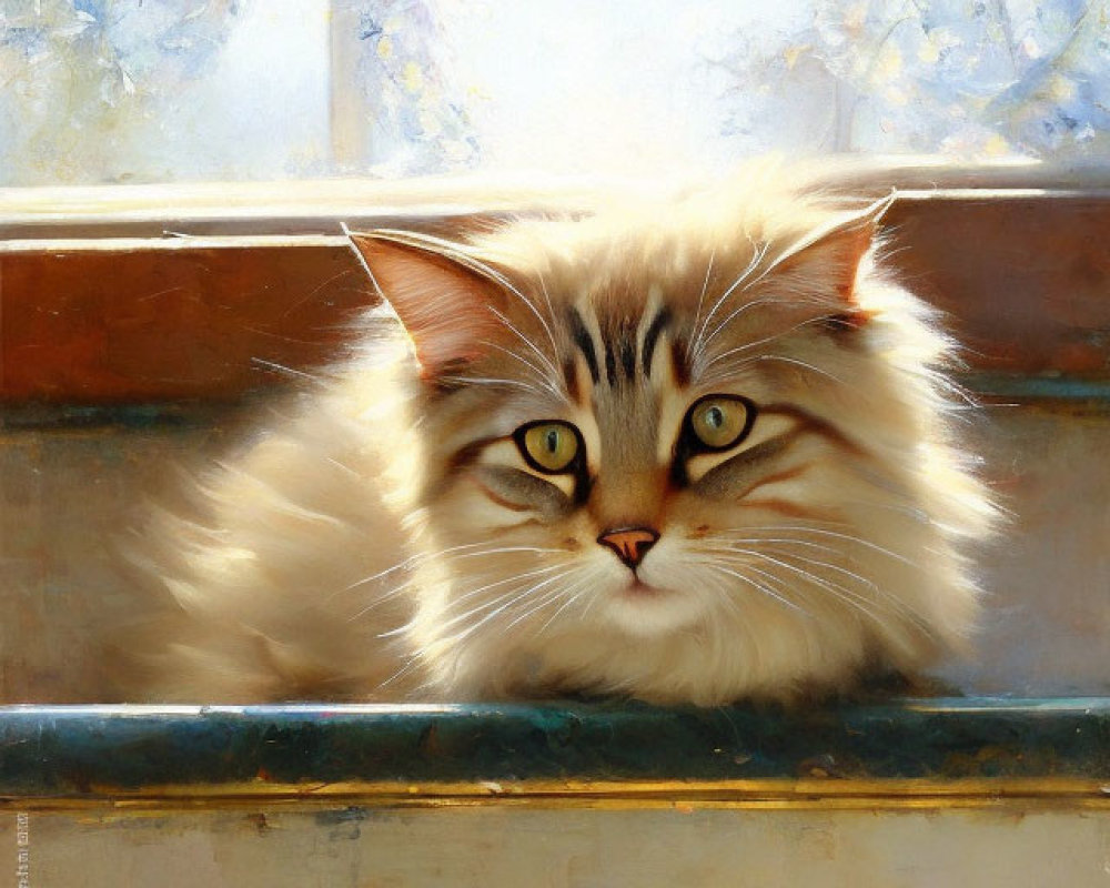 Fluffy cat with striking markings basks in sunlight on windowsill