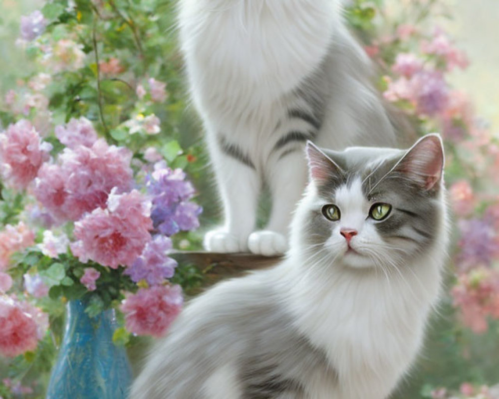 Fluffy Cats in Blooming Flower Setting with Blue Vase